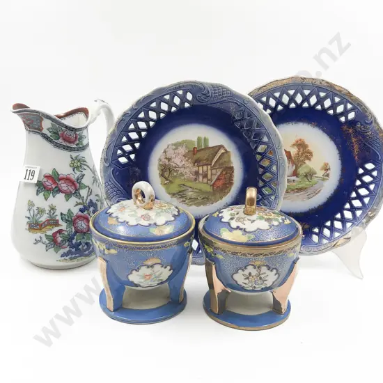 Antique Samurai China Sauce Bowls Pair Fancy Plates and Jug