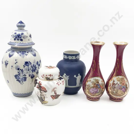 Five Assorted Vases Including Delfts Lidded Vase (AF)