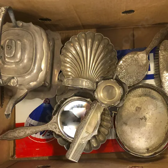 Box of Assorted S/P Including Vanity Set and Spirit Kettle