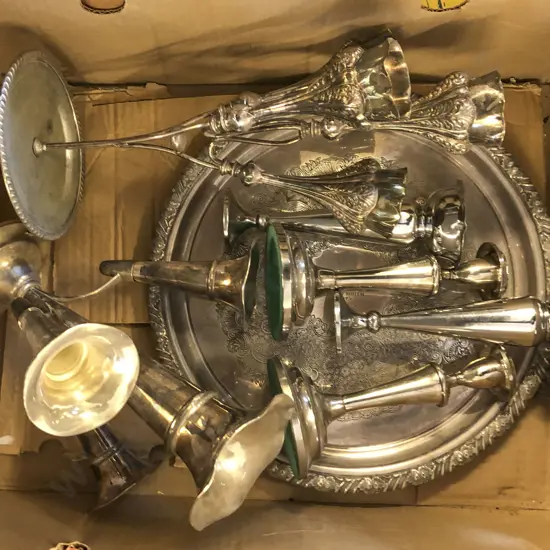 Box of Assorted S/P Including Epergne and Footed Circular Tray