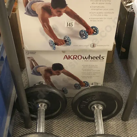 Pair of Dumbbells Together with Two Boxed AKRO Wheels