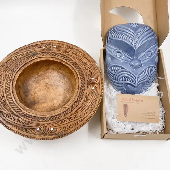 Michael Matchitt Ceramic Wall Hanging Tiki Mask Together with Carved Bowl