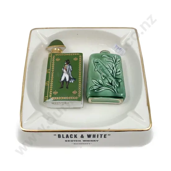 Black & White Scotch Whiskey Ash Tray Together with Two Small Ceramic Decanters