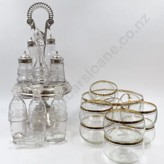S/P and Pressed Glassed Cruet Set Together with Glass Desert Set