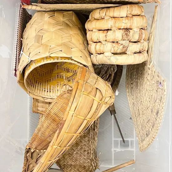 Box of Assorted Woven Baskets and Fans etc