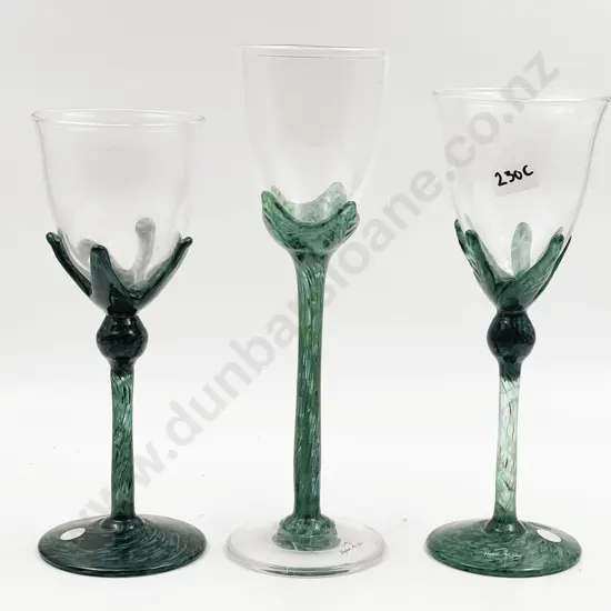 Three Hoglund Art Glass Wine Goblets of Sizes