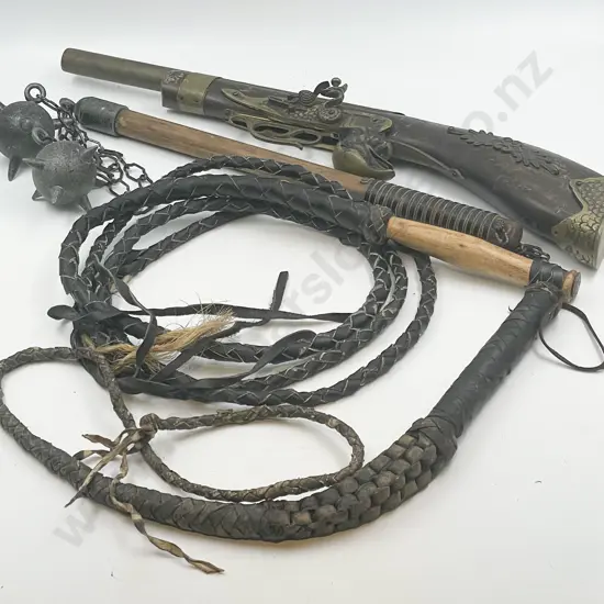 Box of Assorted Weaponry Including Toy Gun