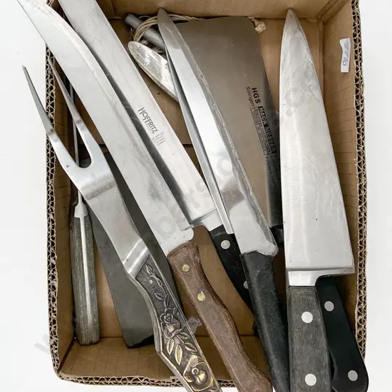 Small Quantity of Assorted Kitchen Knives Together with Cleaver & Sharping Stone