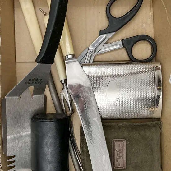 Box Lot of Assorted Incl. Flasks & Carving Set Etc.