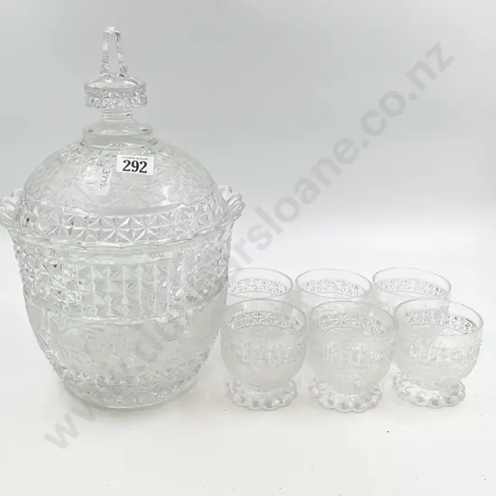 Crystal Lidded Punch Bowl with Six Glasses