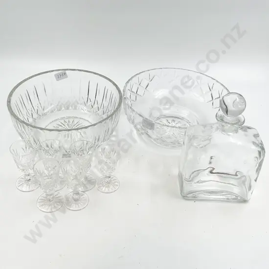 Two Crystal Bowls Together with Glass Decanter Etc.