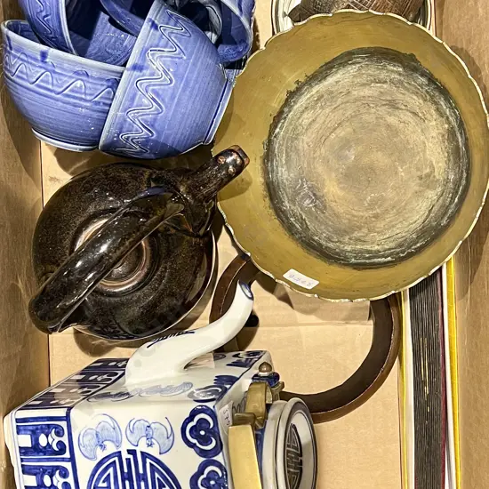 Box of Assorted Including Chinese Blue and White Ceramic Teapot etc