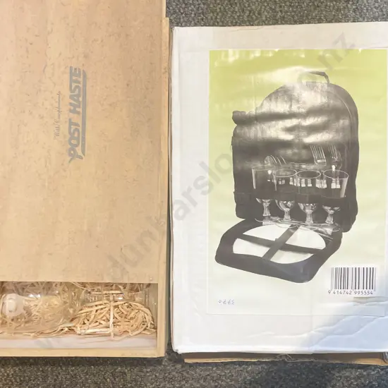 As New Picnic Bag Together with Wooden Box of Wine Glasses