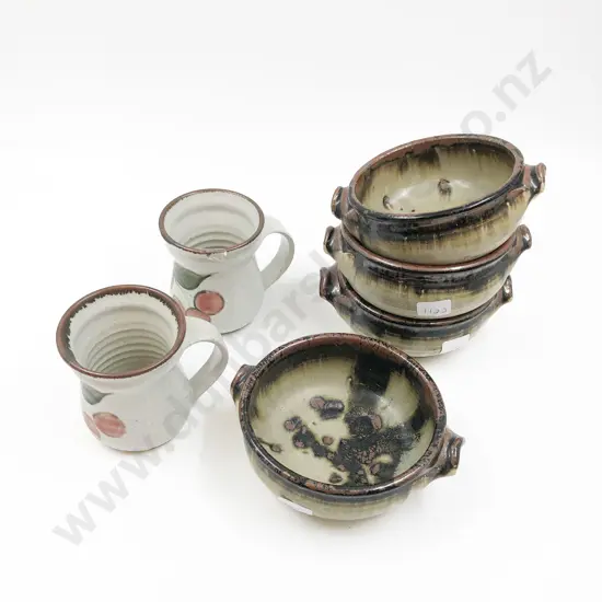 Four Pottery Soup Bowls Together with Two Mugs