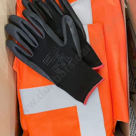 Box of Assorted Safety Ware Including Hi Vis and Size 4 Work Shoes