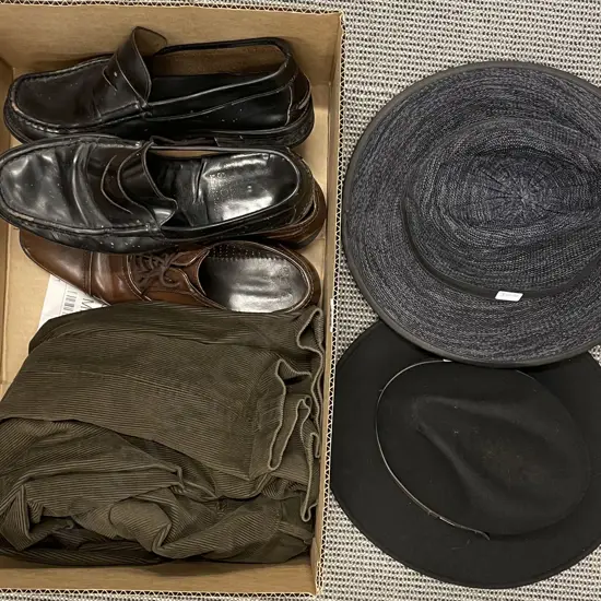 Box of Assorted Menswear Including Three Hats