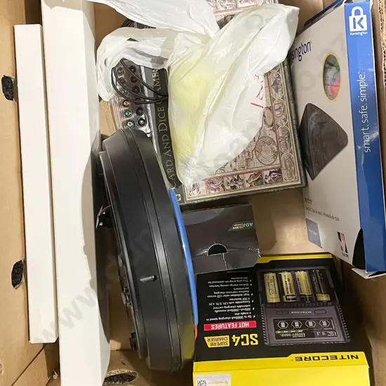 Small Box of Assorted Including Battery Chargers and Apple Keyboards