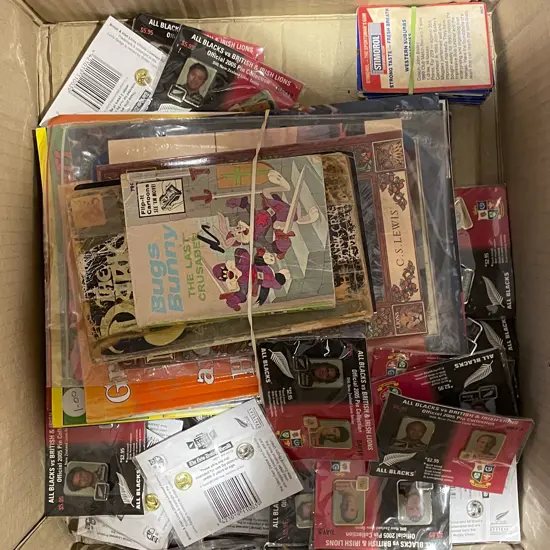 Box of Assorted Including Children's Books and All Blacks Commemorative Badges etc