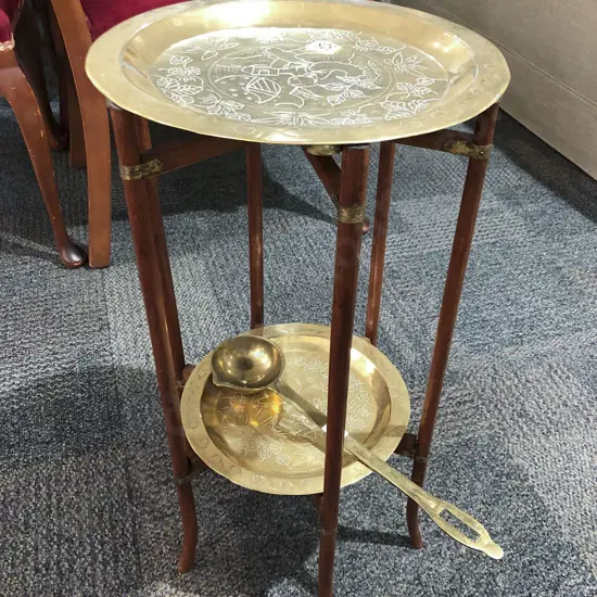 Two Tier Brass Occasional Table Together with Brass Spoon