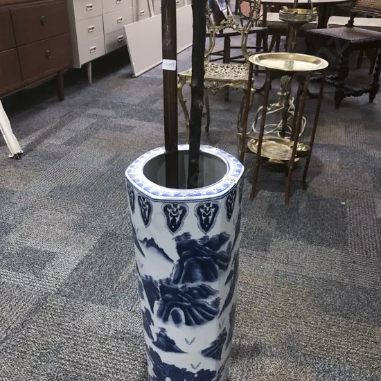 Chinese Blue and White Stick Stand Together with Two Walking Sticks