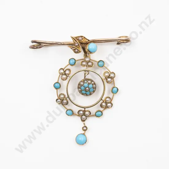 Edwardian 15ct Turquoise and Seed Pearl Circlet Pendant