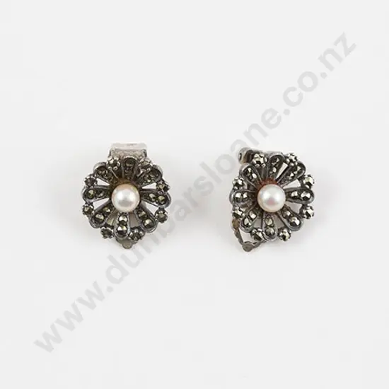 Pair Mid C20th S/S Marcasite and Single Cultured Pearl Floret Cluster Earrings