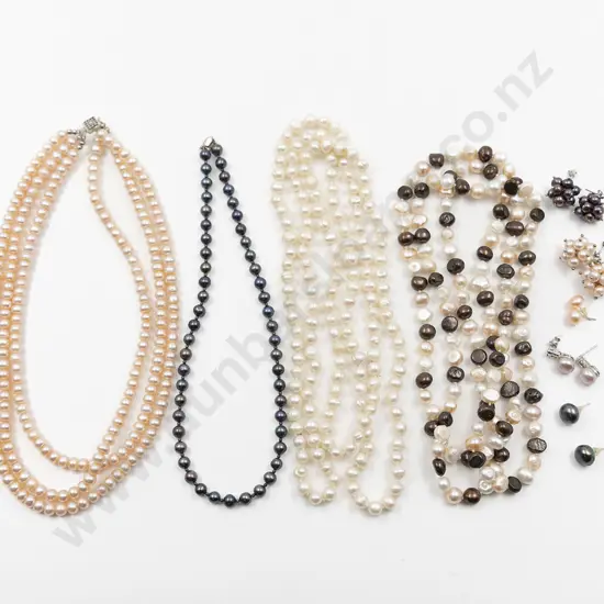 Four Various Freshwater Pearl Necklaces and Five Pair Earrings