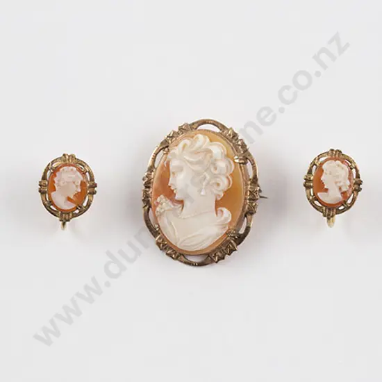 9ct Framed Portrait Cameo Brooch and Earrings