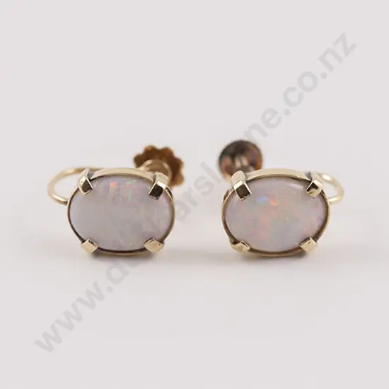Pair 9ct Single Stone White Opal Cabochon Earrings