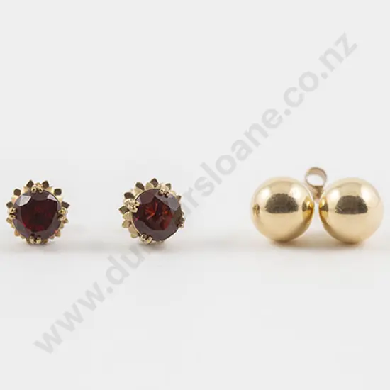 Pair 9ct Single Garnet Stud Earrings and Pair 'Ball' Earrings
