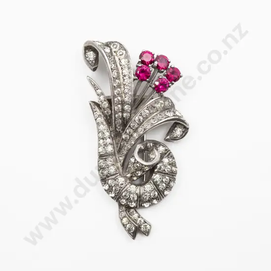 Vintage Silver Ruby & Diamond Paste Spray Brooch