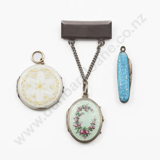 Two Early C20th S/S and Enamel Photo Lockets and Miniature Pocket Knife