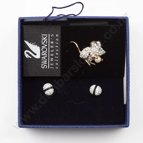 Boxed Swarovski 'Ball' Stud Earrings and Mouse Lapel Pin