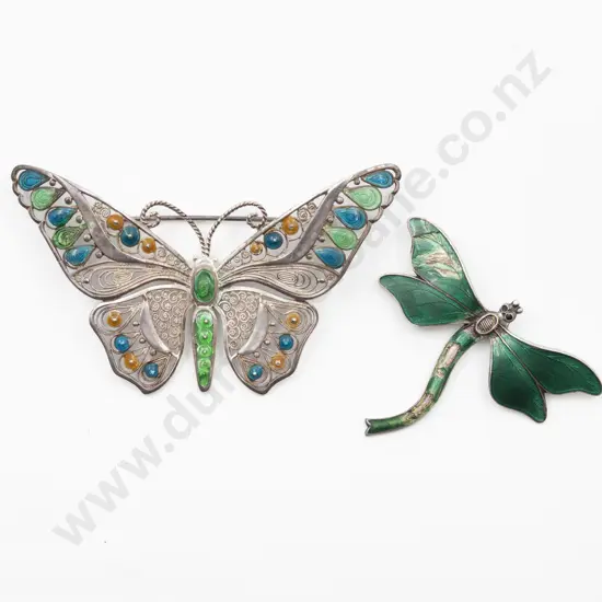 German Sterling Silver Filigree and Enamel Butterfly Brooch