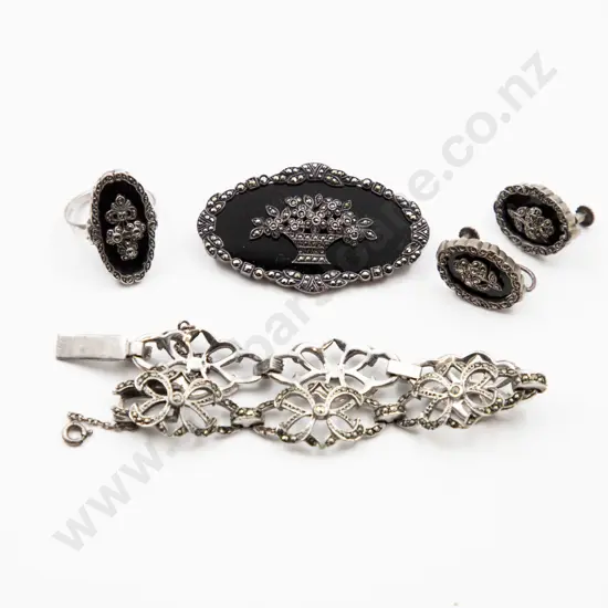 Vintage German .925 Silver Marcasite and Onyx Brooch