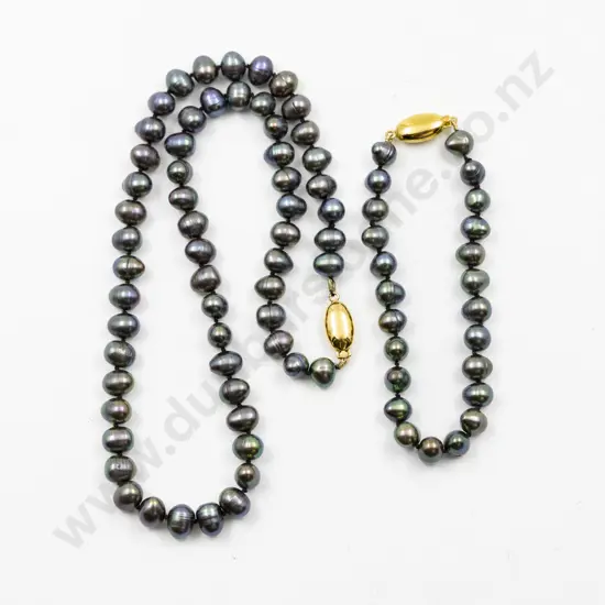 Uniform Single Strand Black Freshwater Pearl Necklace and Matching Bracelet