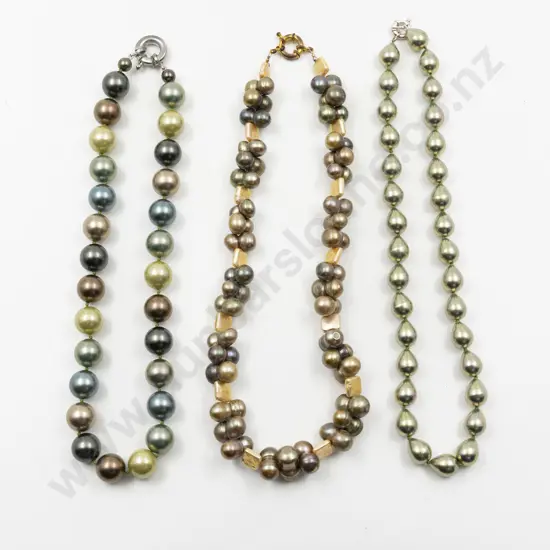 Single Freshwater Pearl Fancy Necklace and two modern imitation pearl bead necklaces together with Three Cross Pendants