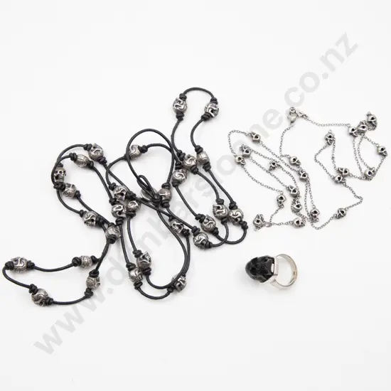Two .925 Silver Skull Bead Necklaces and Skull Ring