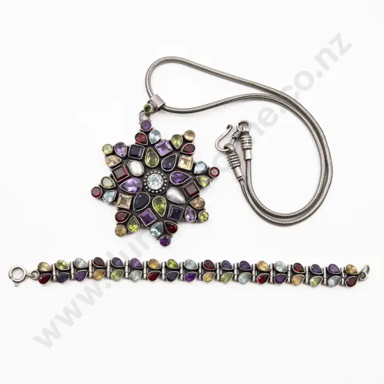 .925 Silver and Multi-Germ Star Burst Pendant On Neck Chain with Bracelet