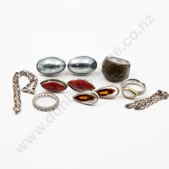 Three .925 Fine Silver Chain Bracelets with three rings and three pair earrings