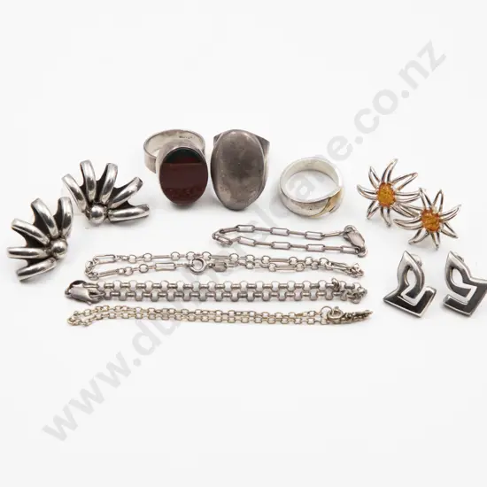 Three .925 Fine Silver Chain Bracelets with three rings and three pair earrings