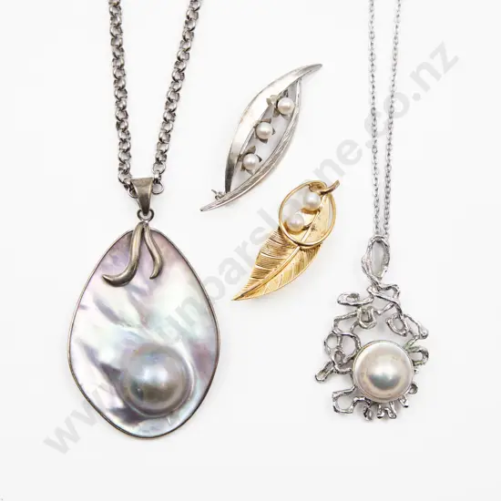 Two S/S and Cultured Pearl Leaf Spray Brooches