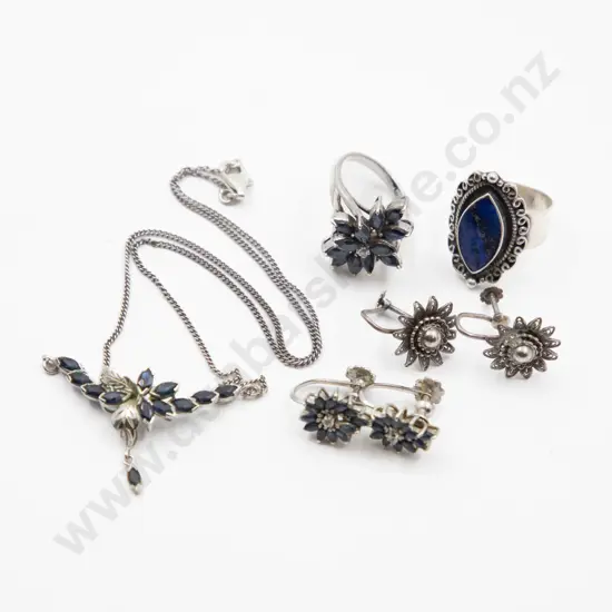 .925 Silver and Native Cut Sapphire Cluster Ring with pendant two pair earrings and other ring