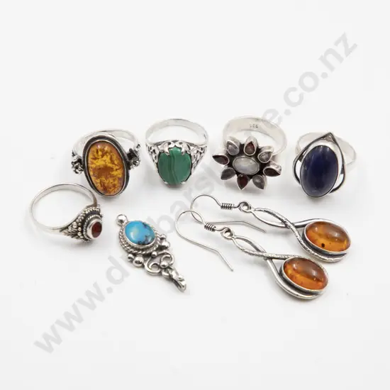 .925 Silver Five Gem Set Rings and Pair Amber Earrings