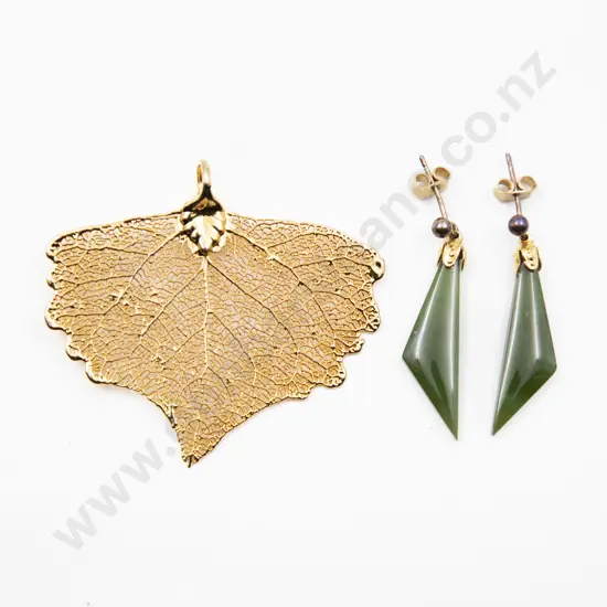 Pair Greenstone Pendant Earrings and Gold Metal Leaf Pendant