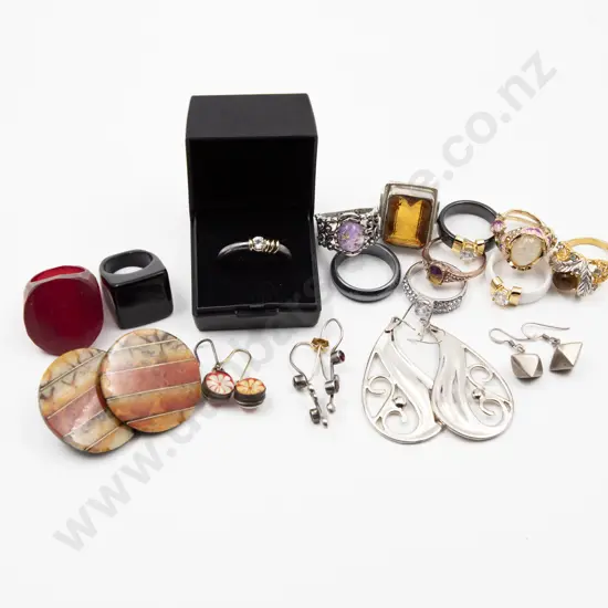 Twelve Costume Dress Rings and five pair earrings