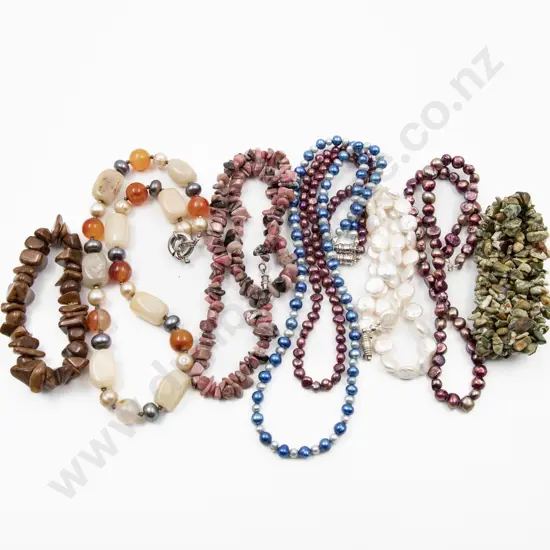Four Coloured Fresh Water Pearl Necklaces with Two Agate Bead Necklaces and Two Bangles