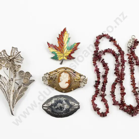 Four Various Silver Brooches and Garnet Bead Necklace