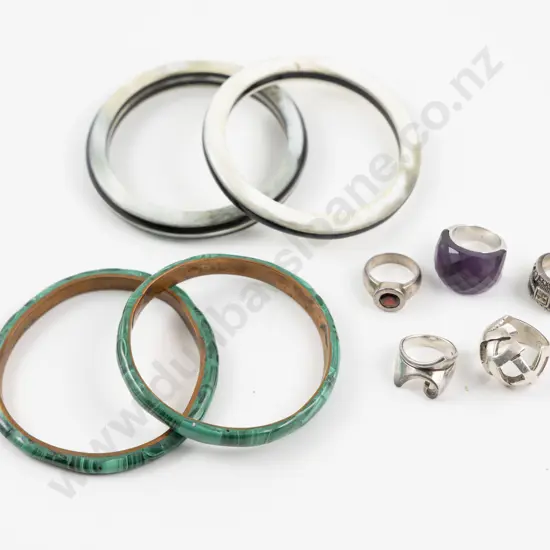 Two Malachite and Pair Horn Bangles with Five Silver Rings