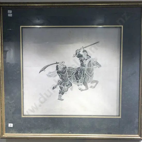 Framed Japanese Woodblock Print Depicting Samurai Warriors